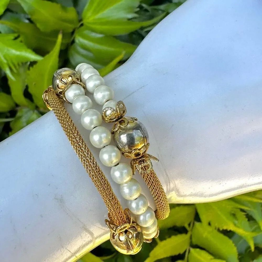 Faux pearl gold tone mesh beaded wrap bracelet